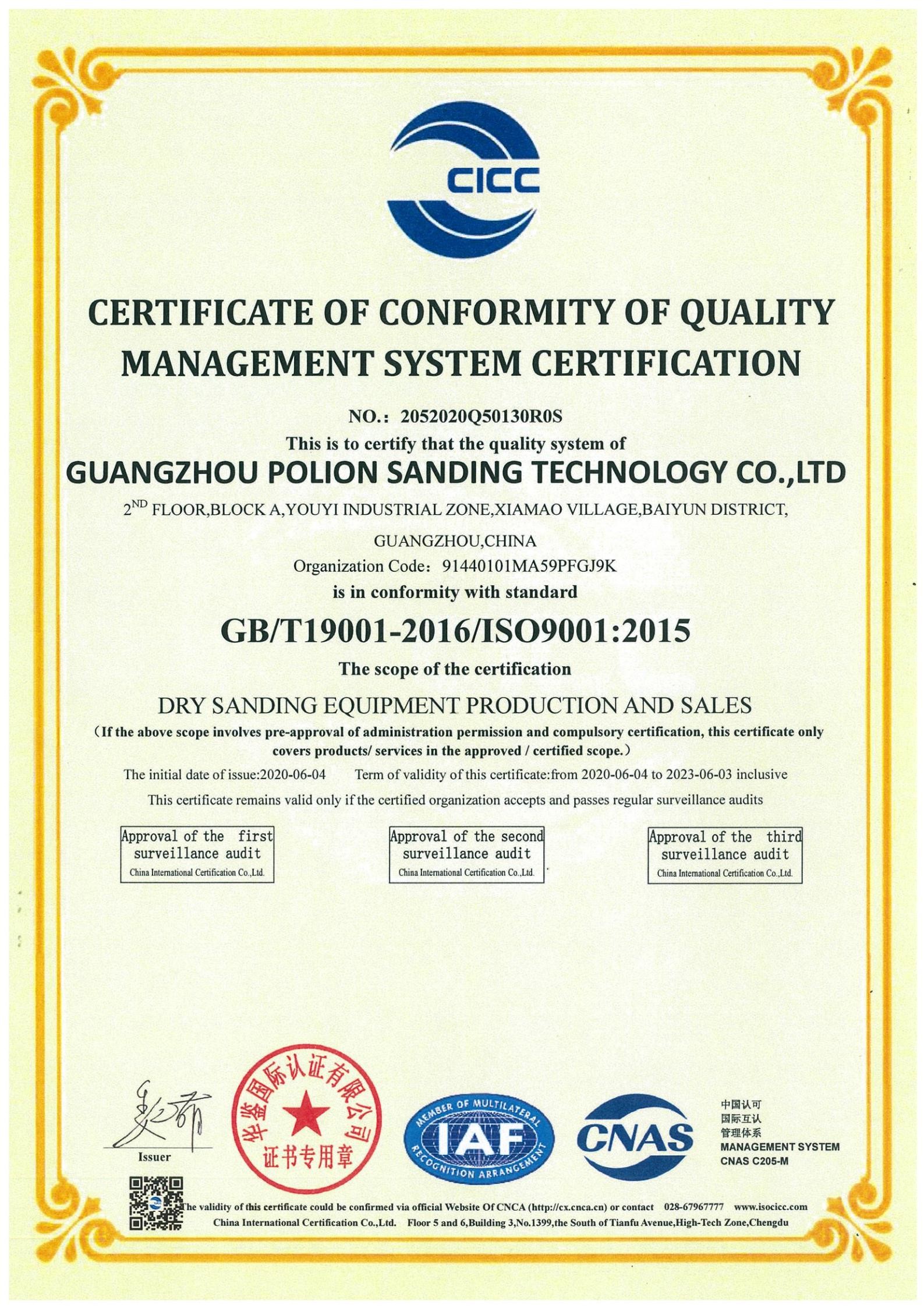 China Polion Sanding Technology Co., LTD Certification